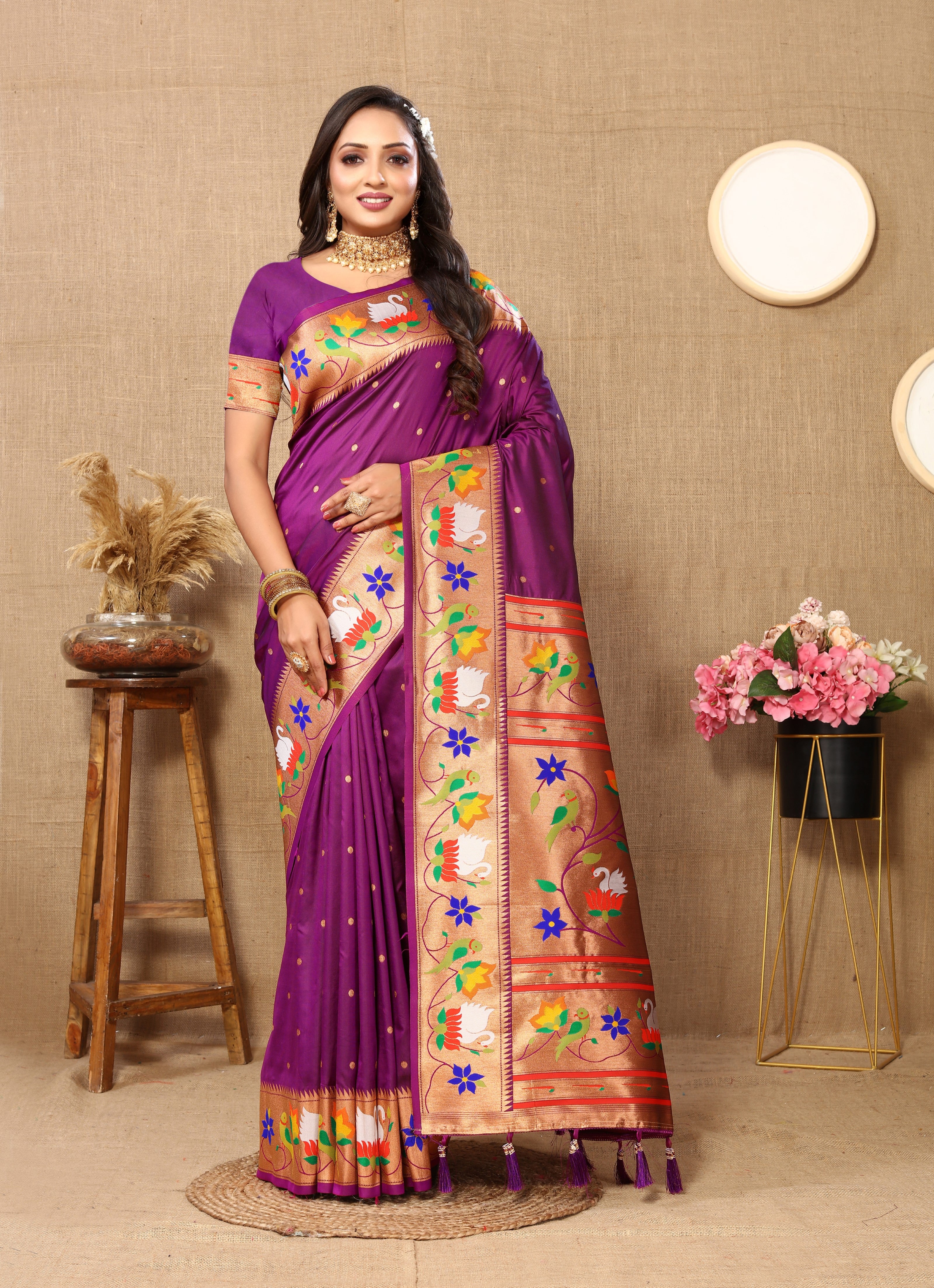 Vsaree Violet Paithani Silk Flower Border And Zari Weaving Rich Pallu With Blouse