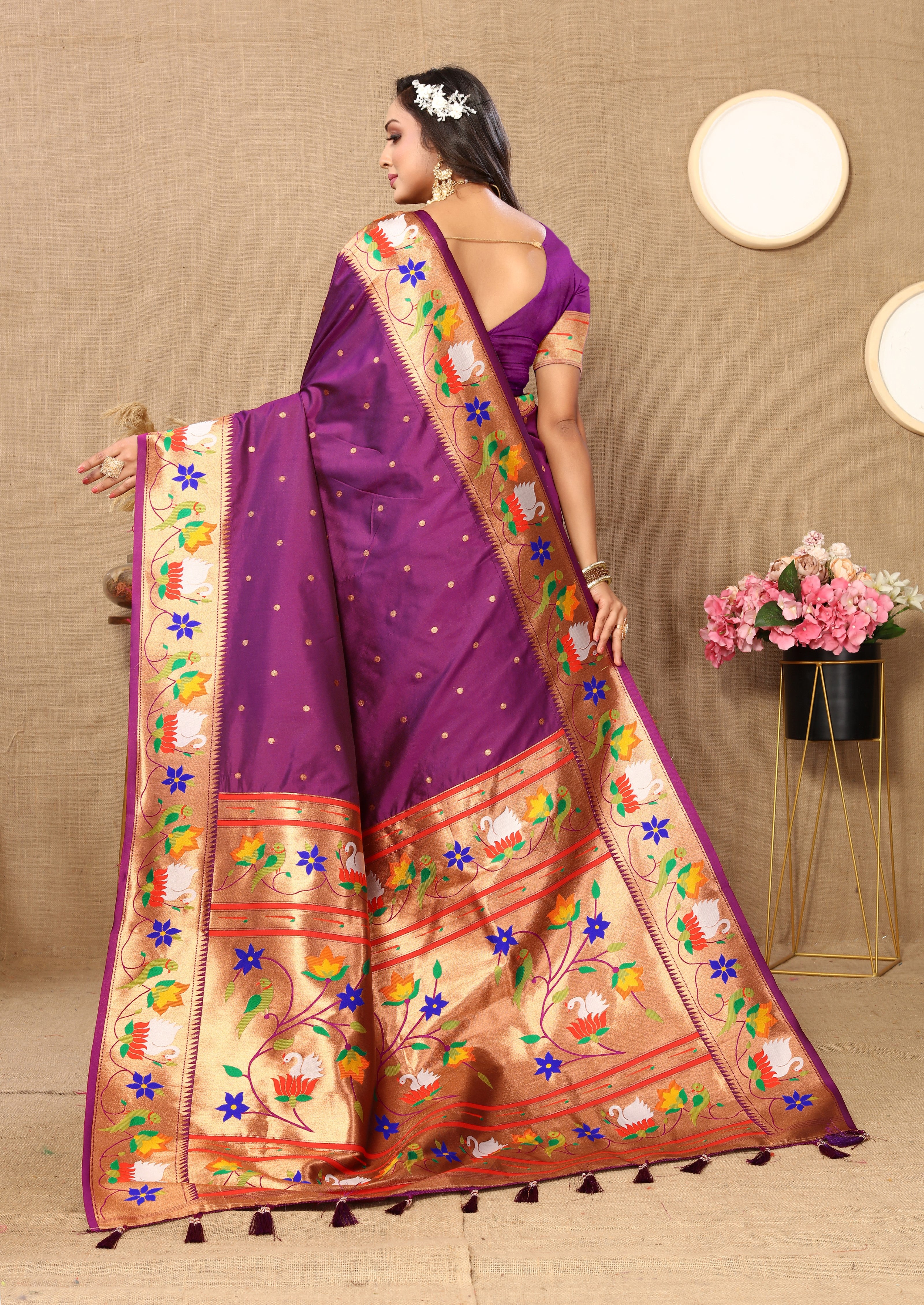 Vsaree Violet Paithani Silk Flower Border And Zari Weaving Rich Pallu With Blouse