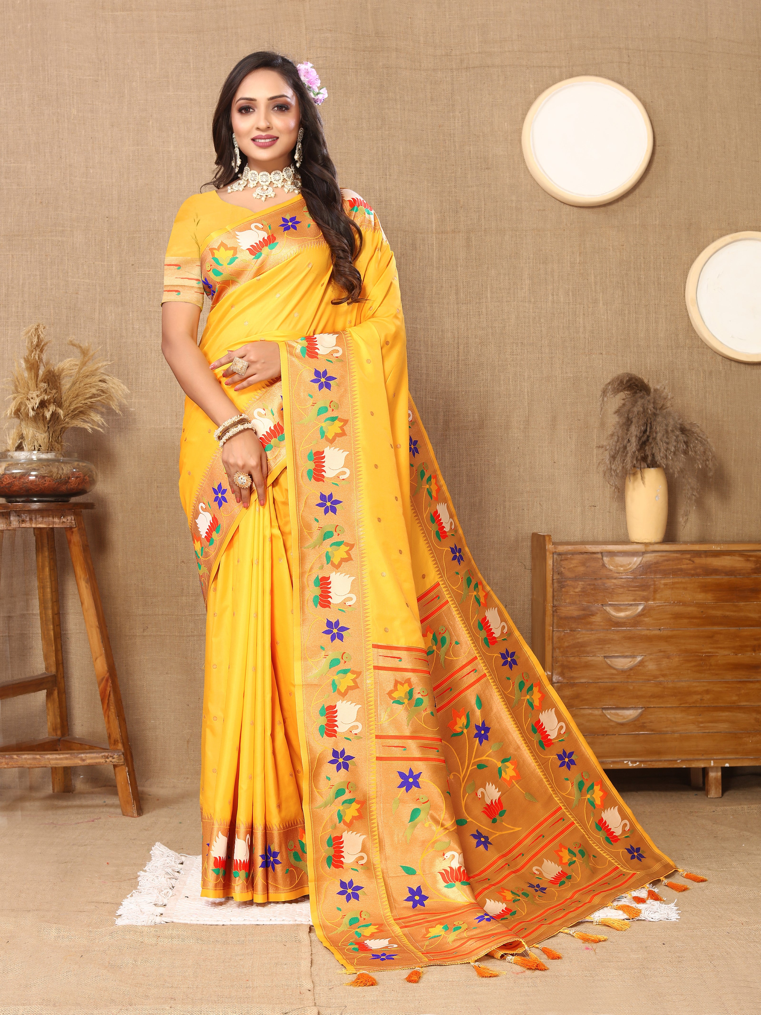 Vsaree Yellow Paithani Silk Flower Border And Zari Weaving Rich Pallu With Blouse