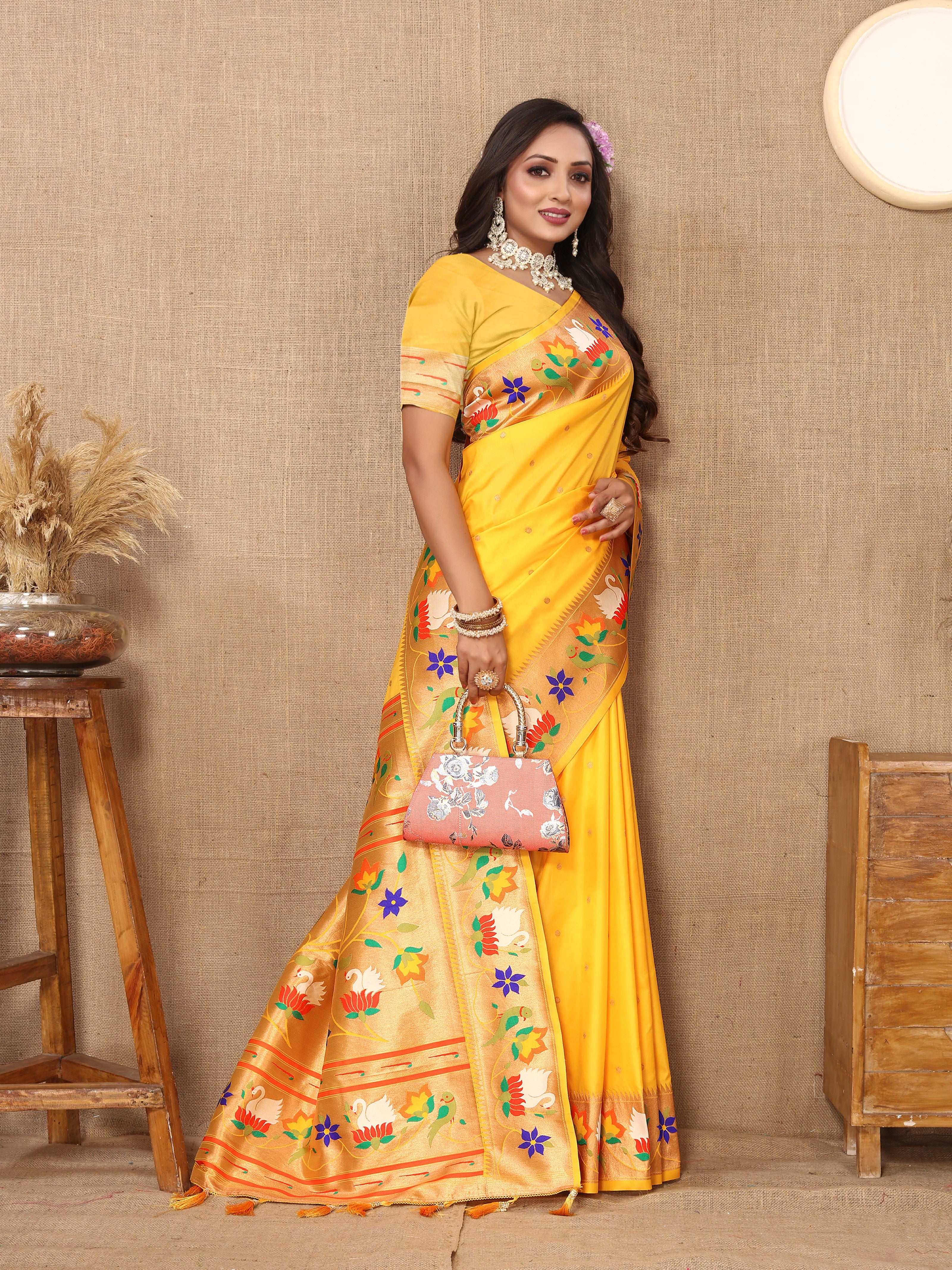 Vsaree Yellow Paithani Silk Flower Border And Zari Weaving Rich Pallu With Blouse