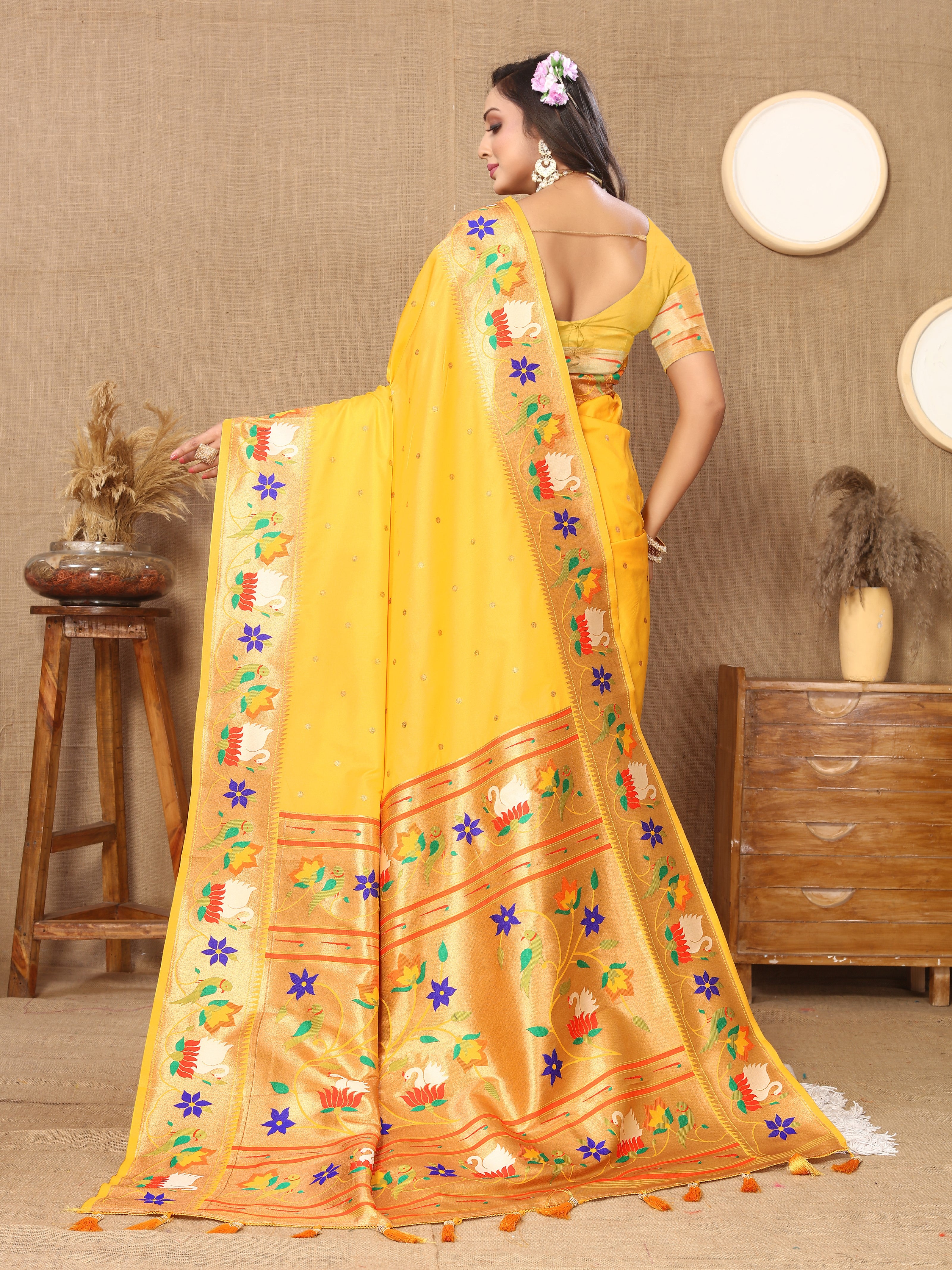 Vsaree Yellow Paithani Silk Flower Border And Zari Weaving Rich Pallu With Blouse