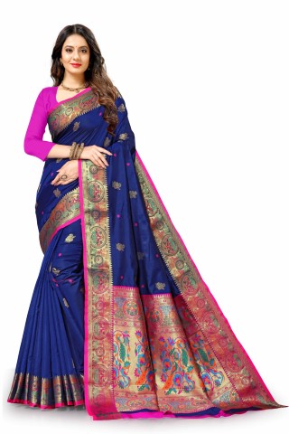 Vsaree Blue Paithani Silk Flower Border And Zari Weaving Rich Pallu With Blouse