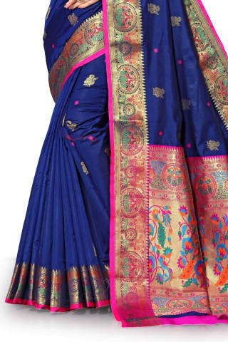 Vsaree Blue Paithani Silk Flower Border And Zari Weaving Rich Pallu With Blouse