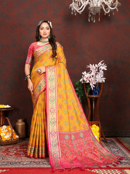 Vsaree Yellow Soft Silk Saree With Bandhani Style print Heavyu pallu And Blouse