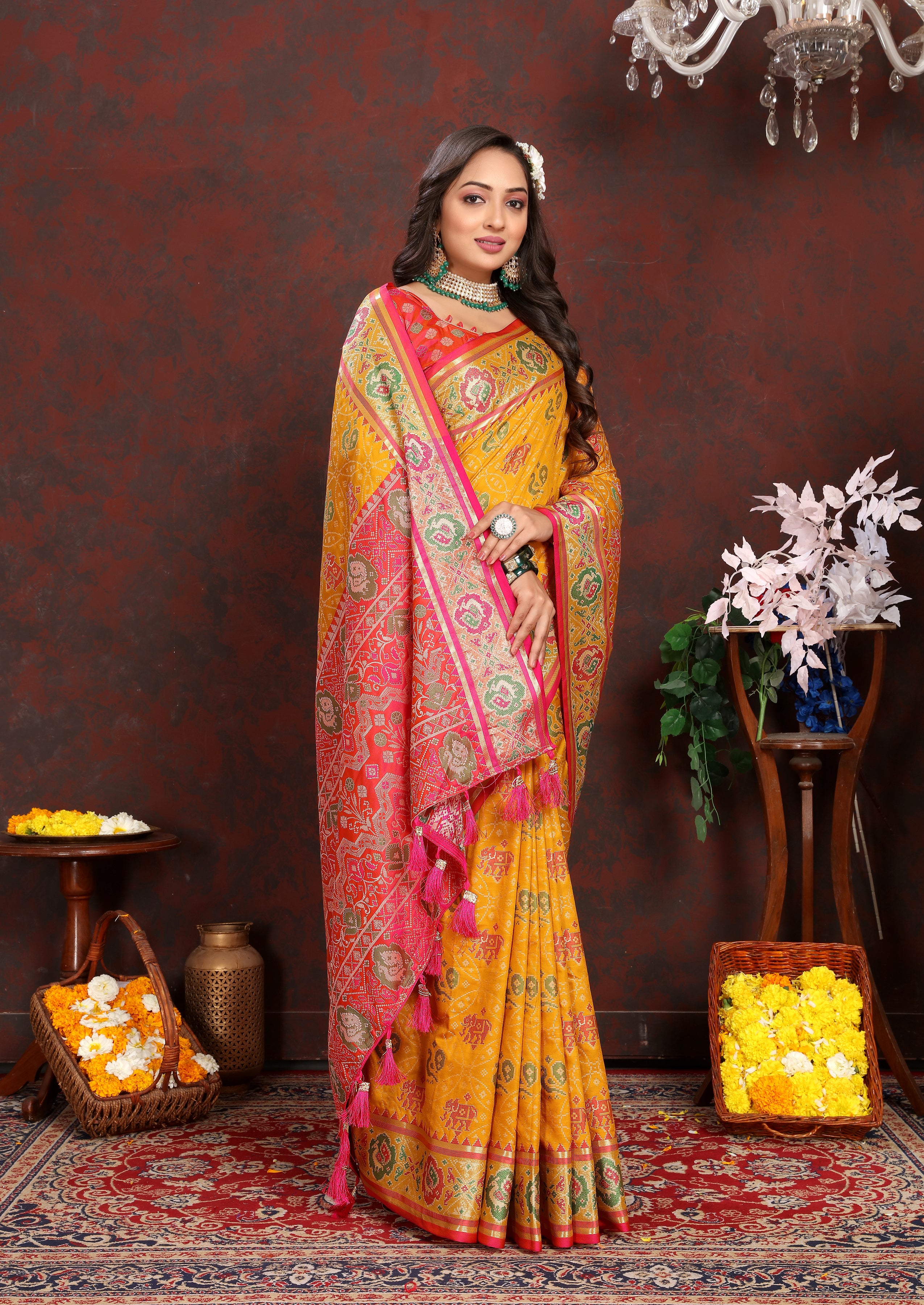 Vsaree Yellow Soft Silk Saree With Bandhani Style print Heavyu pallu And Blouse