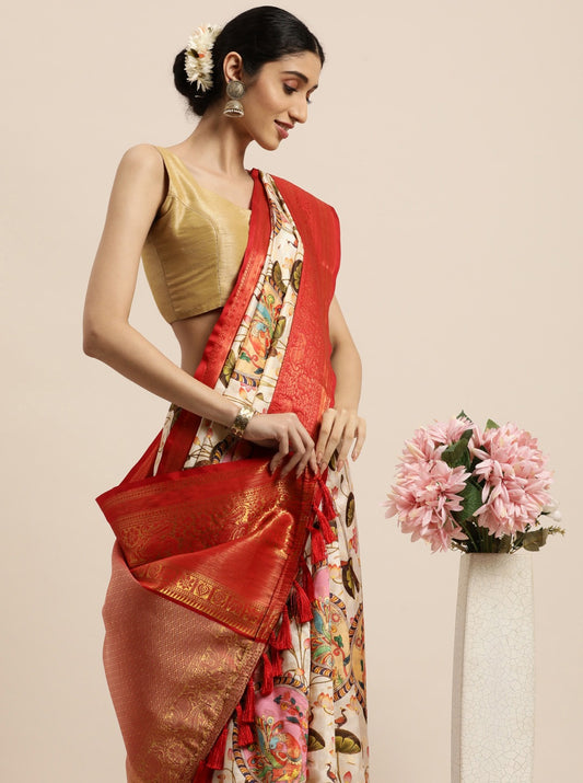 Vsaree Cream Kanjivaram Silk And Zari weaving Saree With Designer Border And Blouse