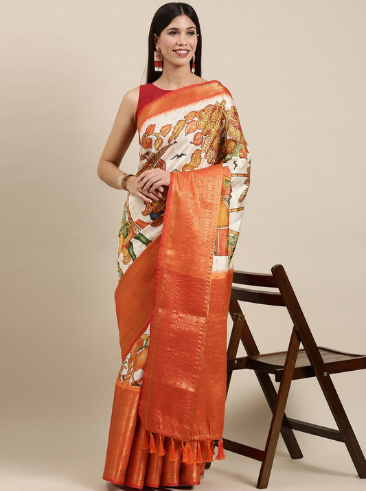 Vsaree Orange Kanjivaram Silk And Zari weaving Saree With Designer Border And Blouse