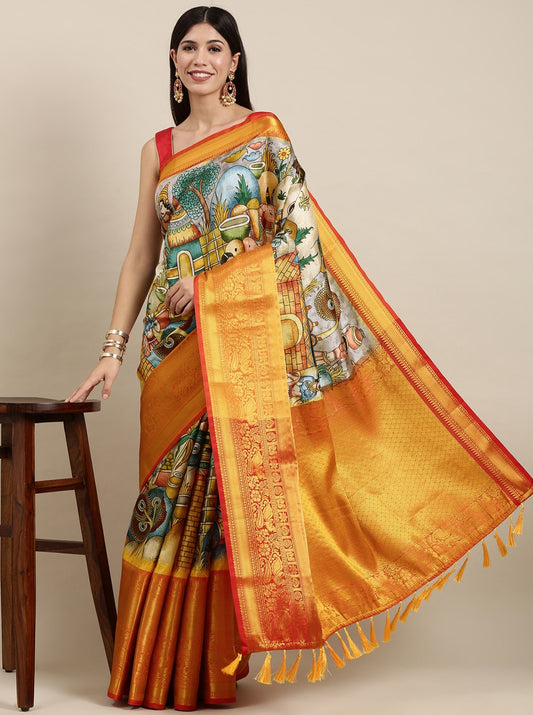 Vsaree Yellow Kanjivaram Silk And Zari weaving Saree With Designer Border And Blouse