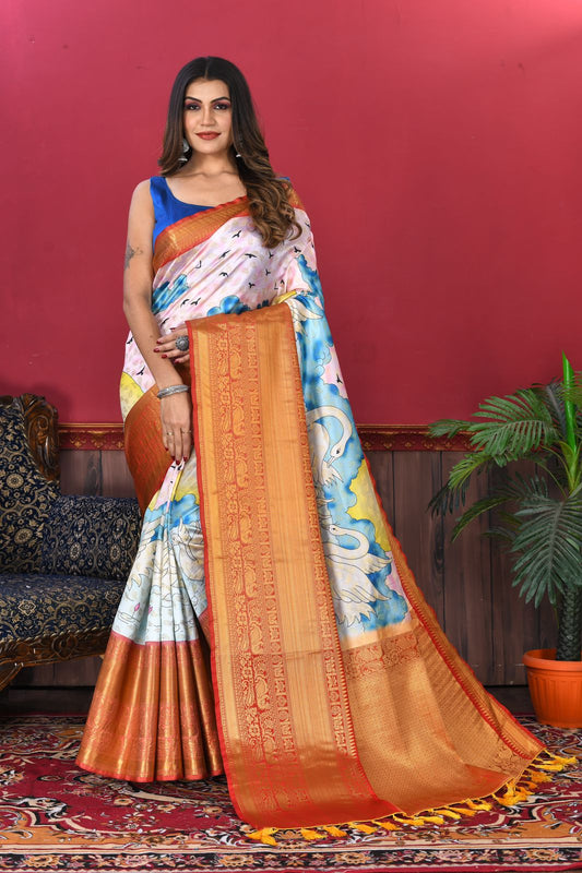 Vsaree Baby Pink Kanjivaram Silk And Zari weaving Saree With Designer Border And Blouse