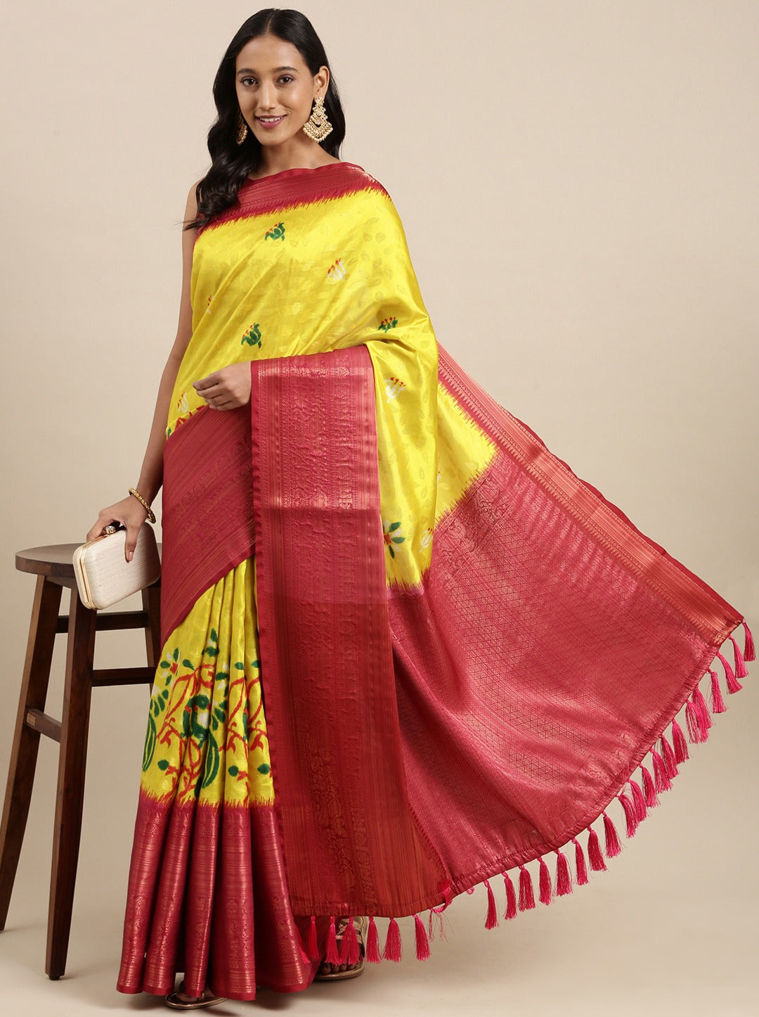 Vsaree Yellow Kanjivaram Silk And Zari weaving Saree With Designer Border And Blouse