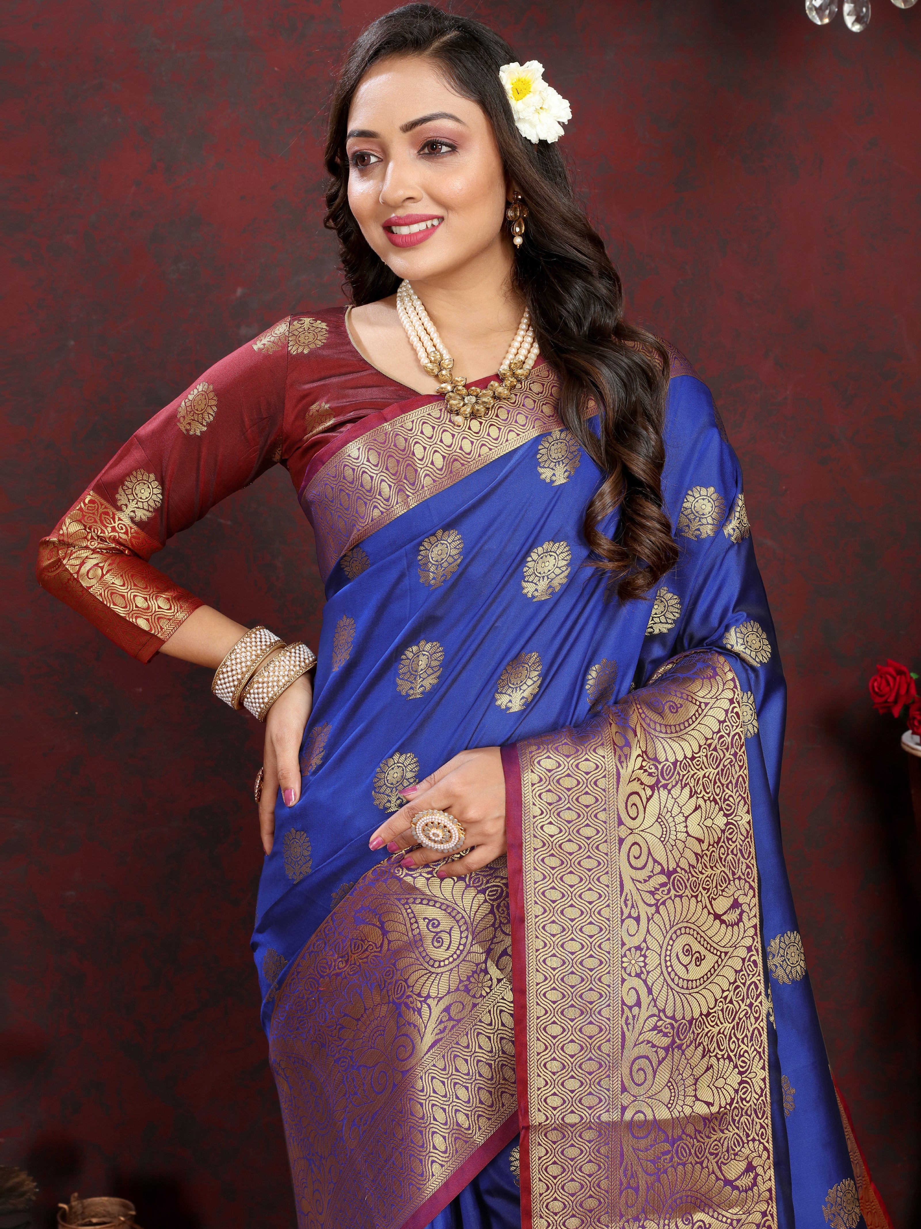 Vsaree Blue Silk Blend Saree With Designer Border And Rich Pallu or Blouse