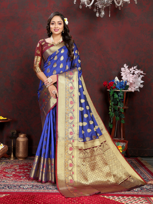 Vsaree Blue Silk Blend Saree With Designer Border And Rich Pallu or Blouse