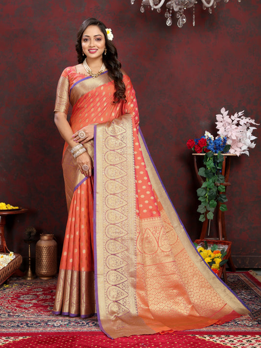 Vsaree Orange Silk Blend Saree With Designer Border And Rich Pallu or Blouse