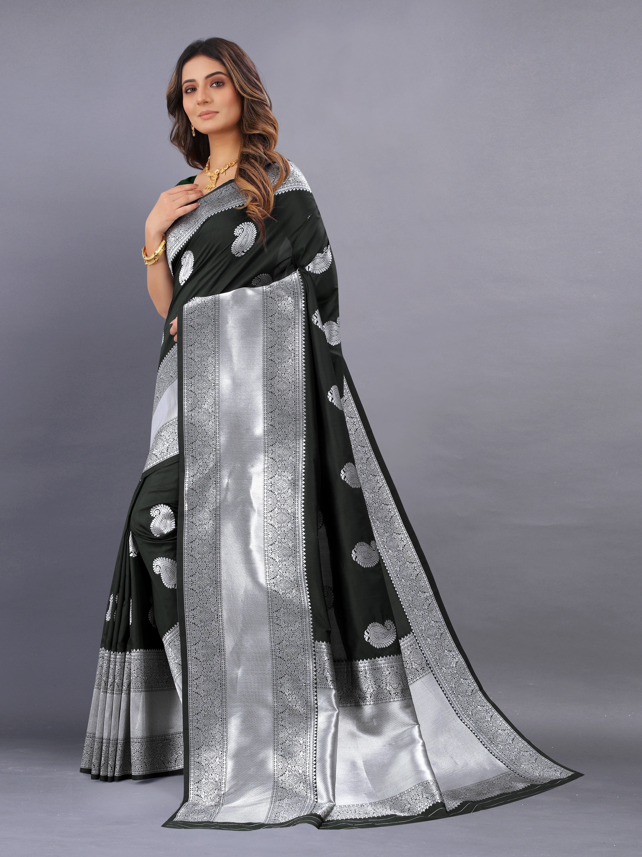 Vsaree Black Kanjivaram Silk And Zari weaving Saree With Designer Border And Blouse