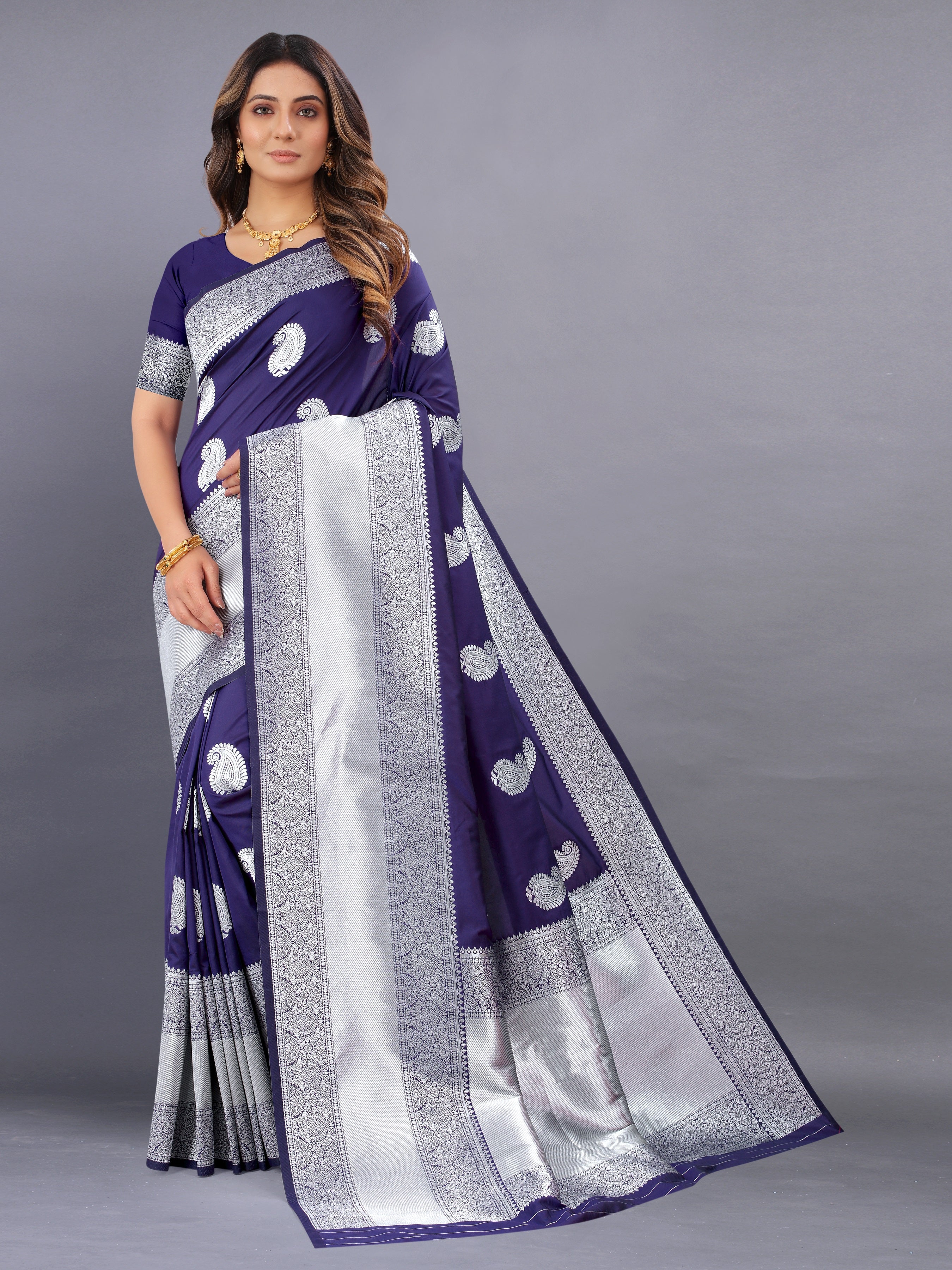 Vsaree Navy Blue Kanjivaram Silk And Zari weaving Saree With Designer Border And Blouse (Copy)