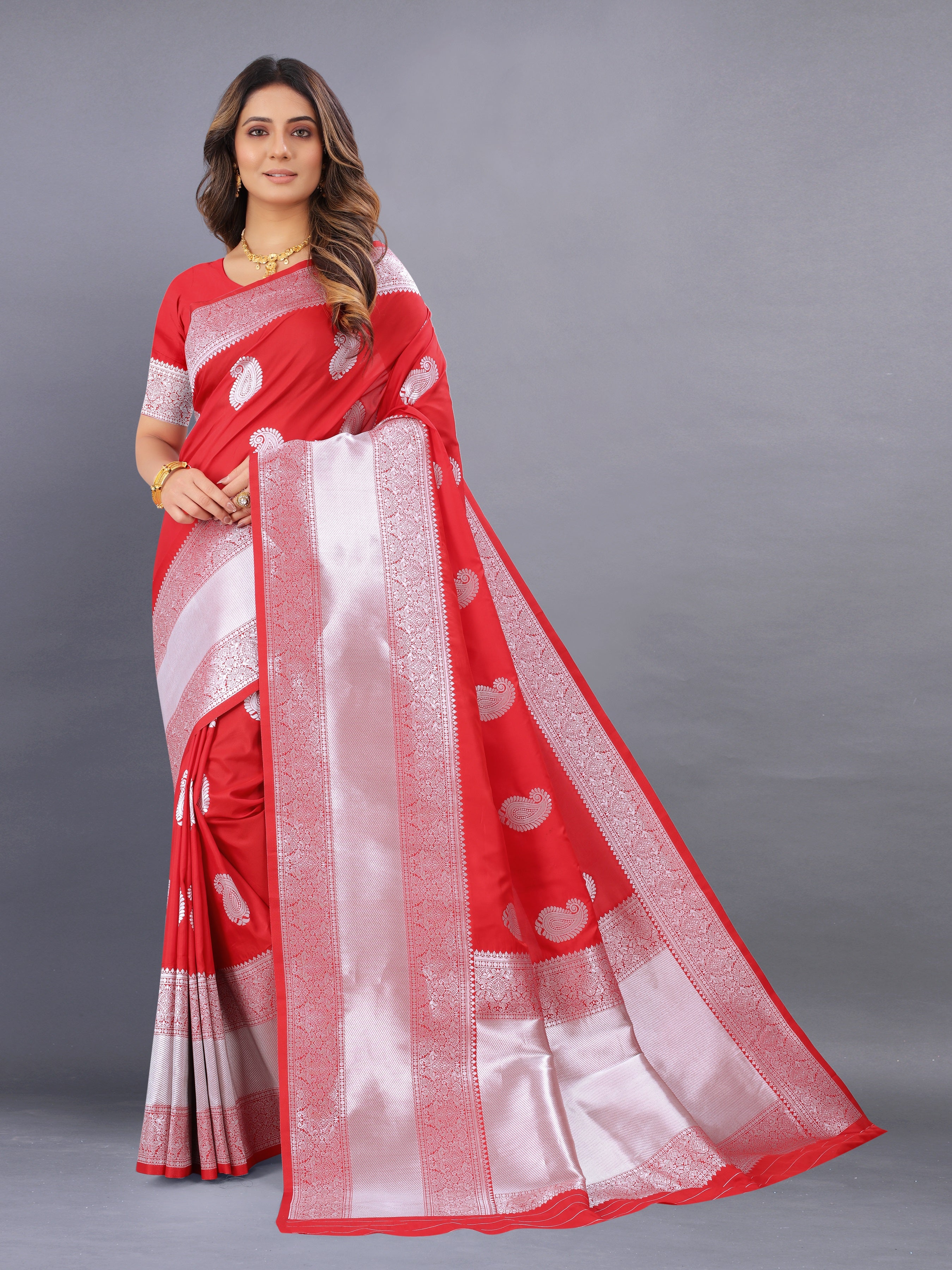 Vsaree Red Kanjivaram Silk And Zari weaving Saree With Designer Border And Blouse