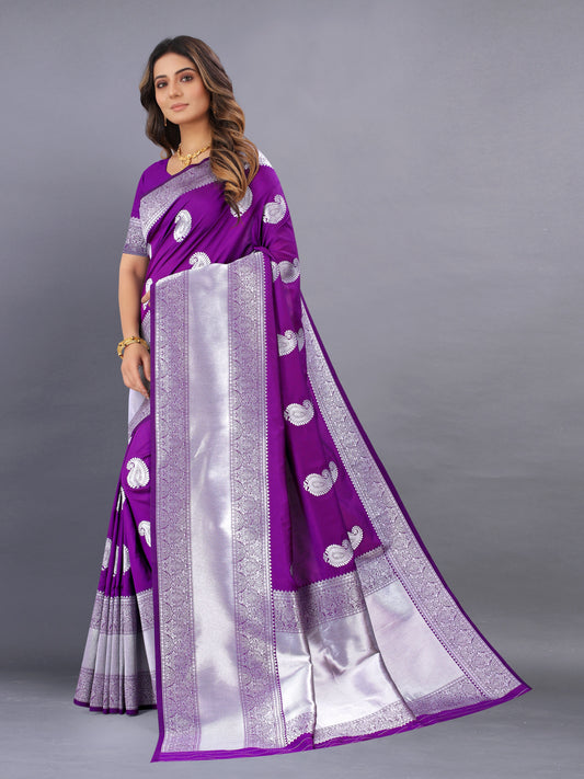 Vsaree Violet Kanjivaram Silk And Zari weaving Saree With Designer Border And Blouse