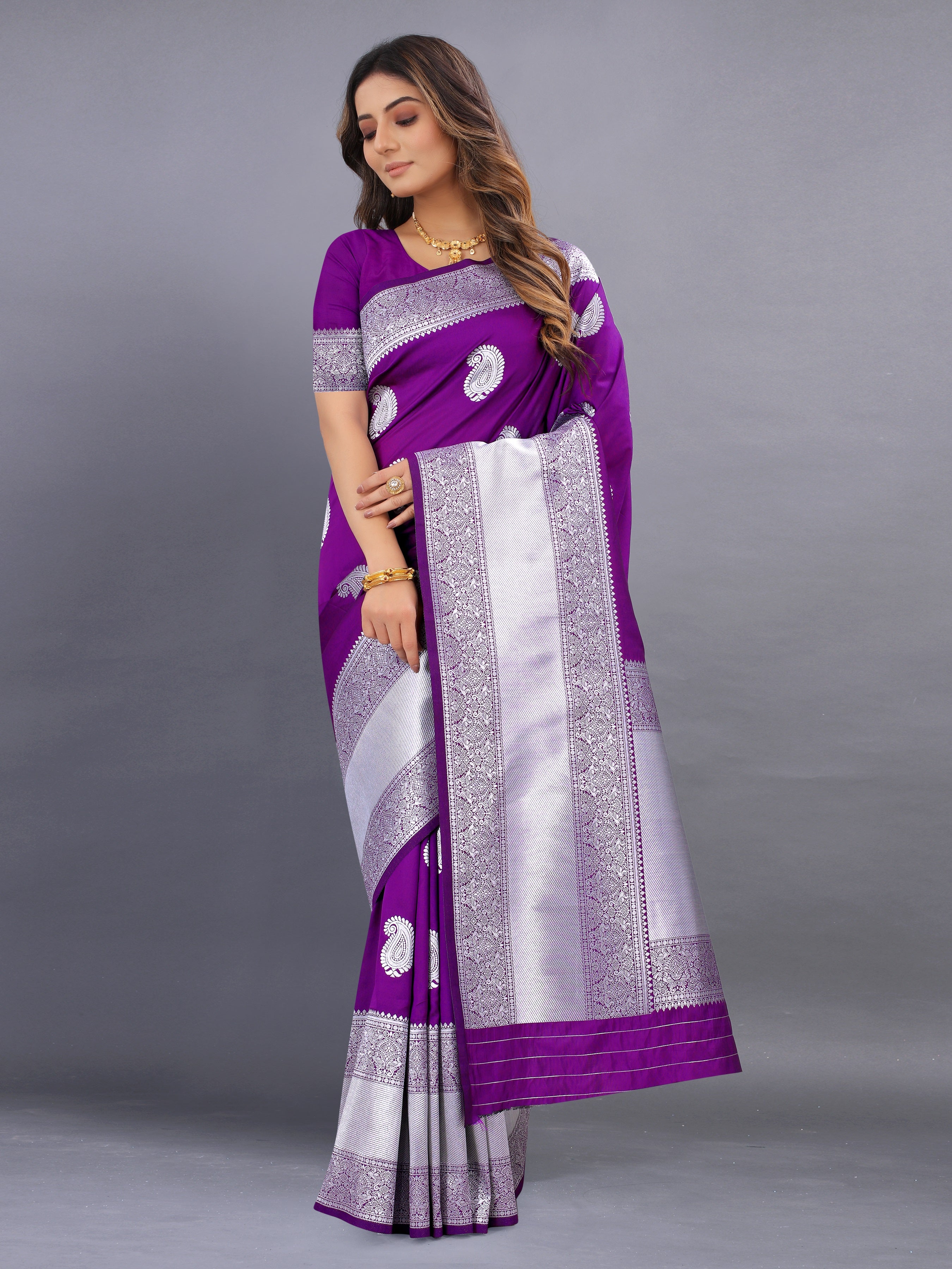 Vsaree Violet Kanjivaram Silk And Zari weaving Saree With Designer Border And Blouse