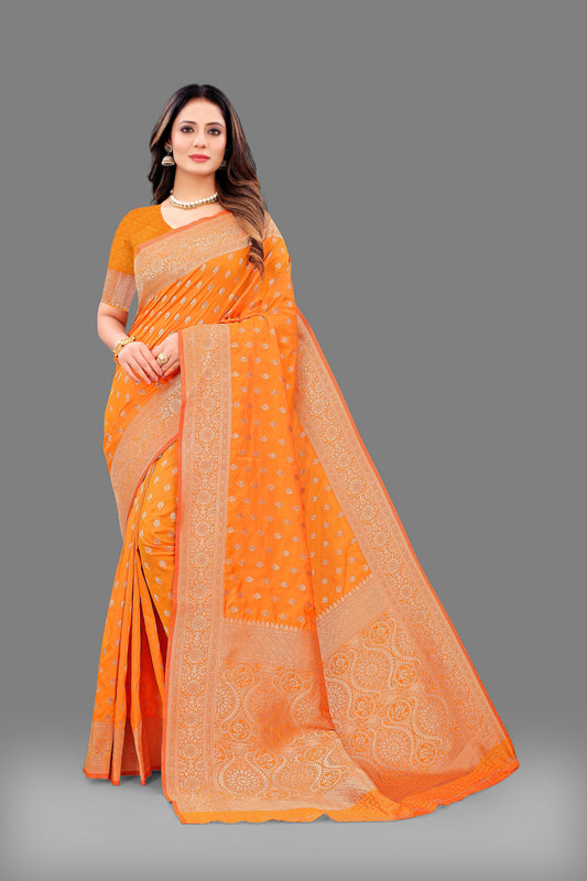 Vsaree Orange Lichi Silk And Zari weaving Saree With Designer Border And Blouse