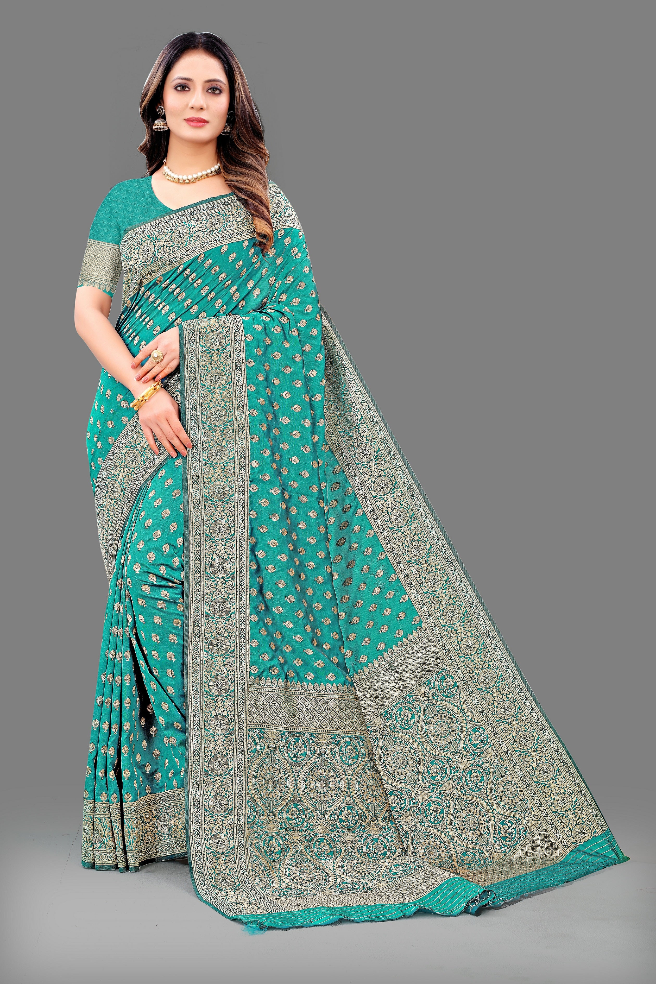 Vsaree Teal Lichi Silk And Zari weaving Saree With Designer Border And Blouse