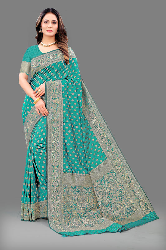 Vsaree Teal Lichi Silk And Zari weaving Saree With Designer Border And Blouse