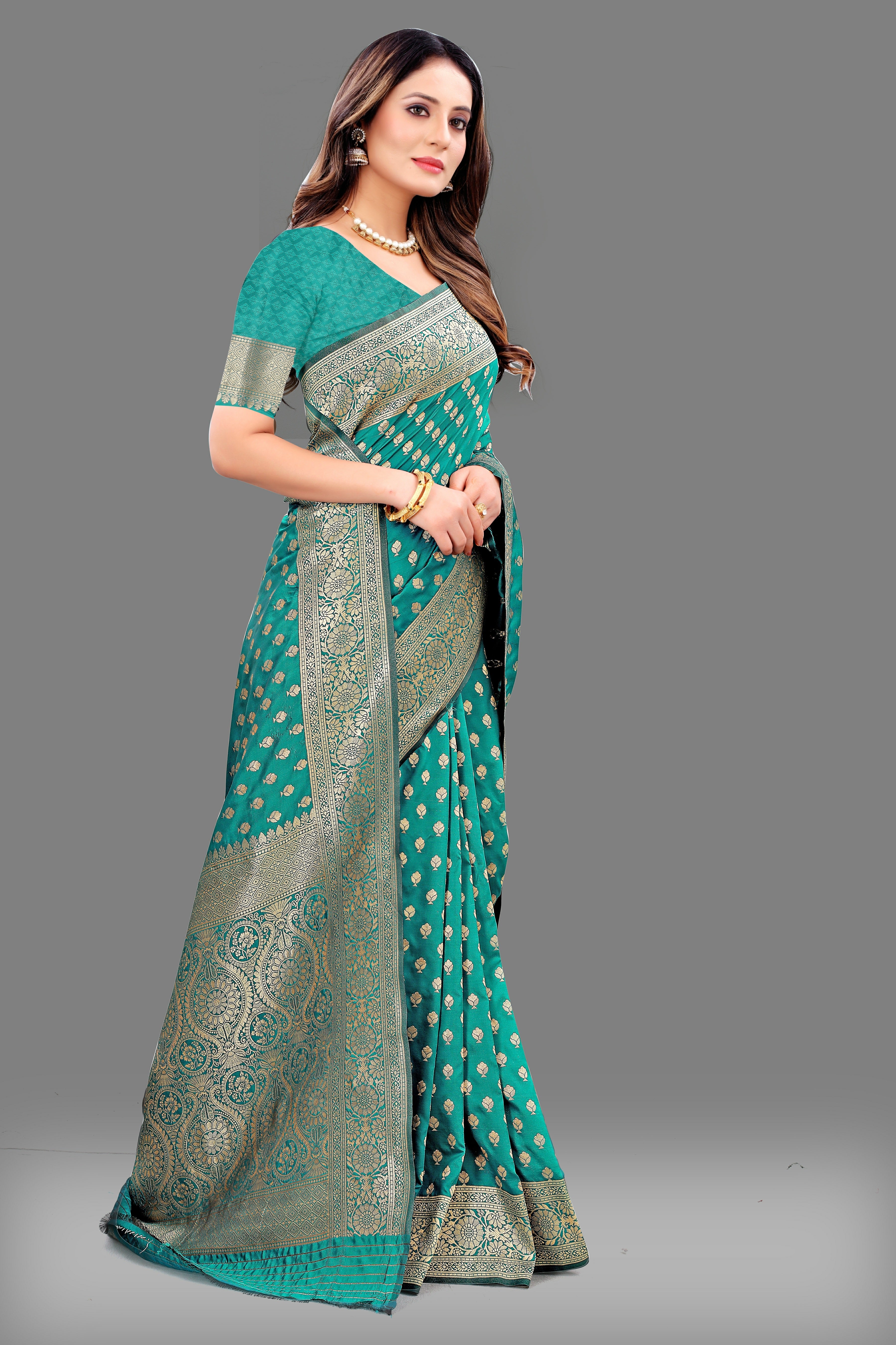 Vsaree Teal Lichi Silk And Zari weaving Saree With Designer Border And Blouse