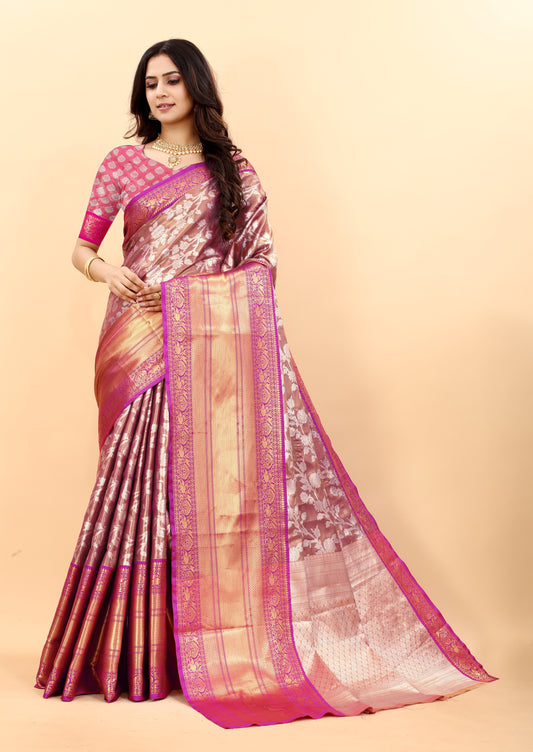 Vsaree Chiku Kanjivaram Silk And Zari weaving Saree With Designer Border And Blouse