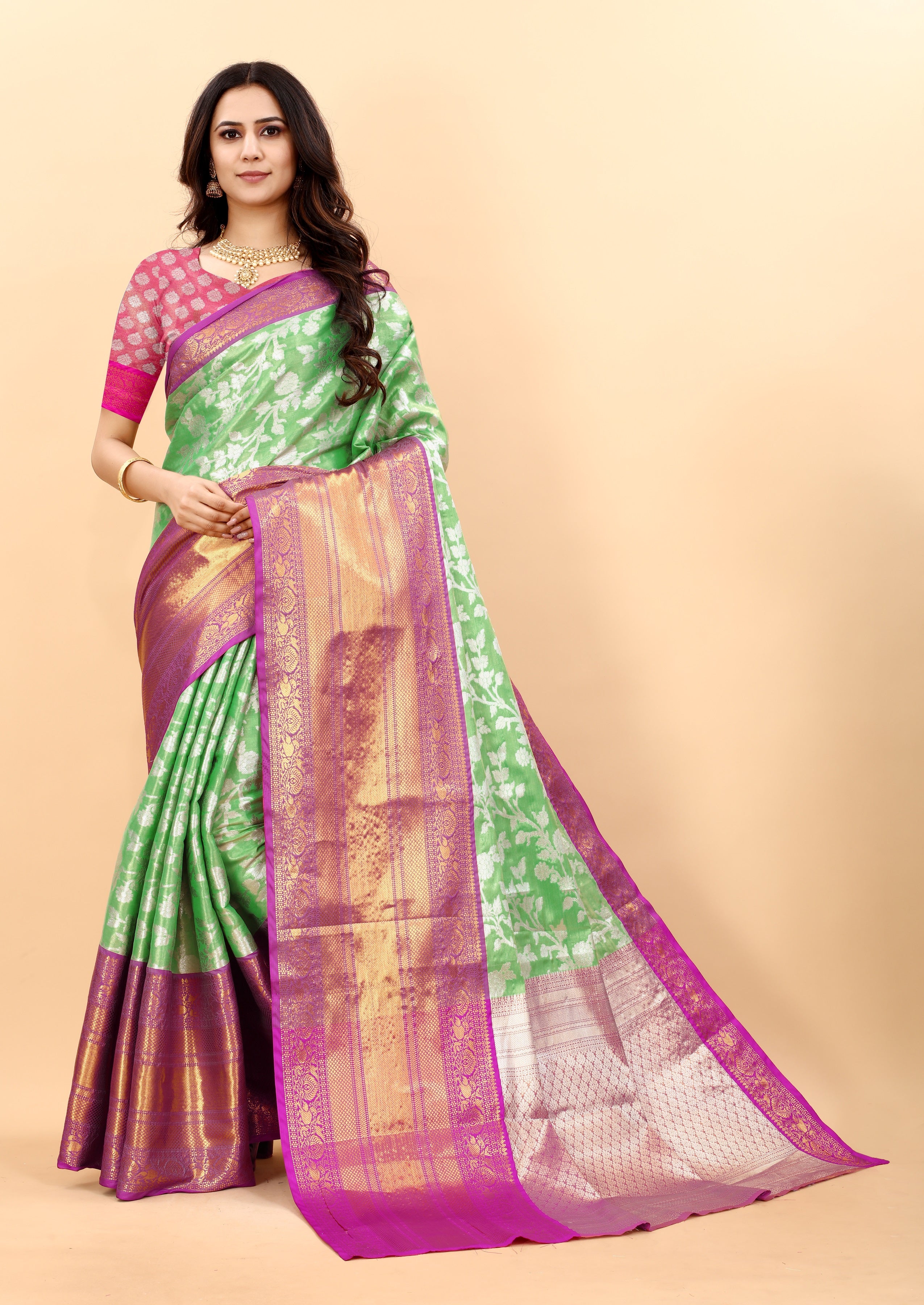 Vsaree Parrot Green Kanjivaram Silk And Zari weaving Saree With Designer Border And Blouse