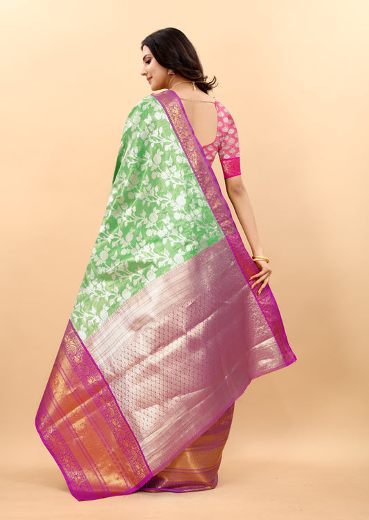 Vsaree Parrot Green Kanjivaram Silk And Zari weaving Saree With Designer Border And Blouse