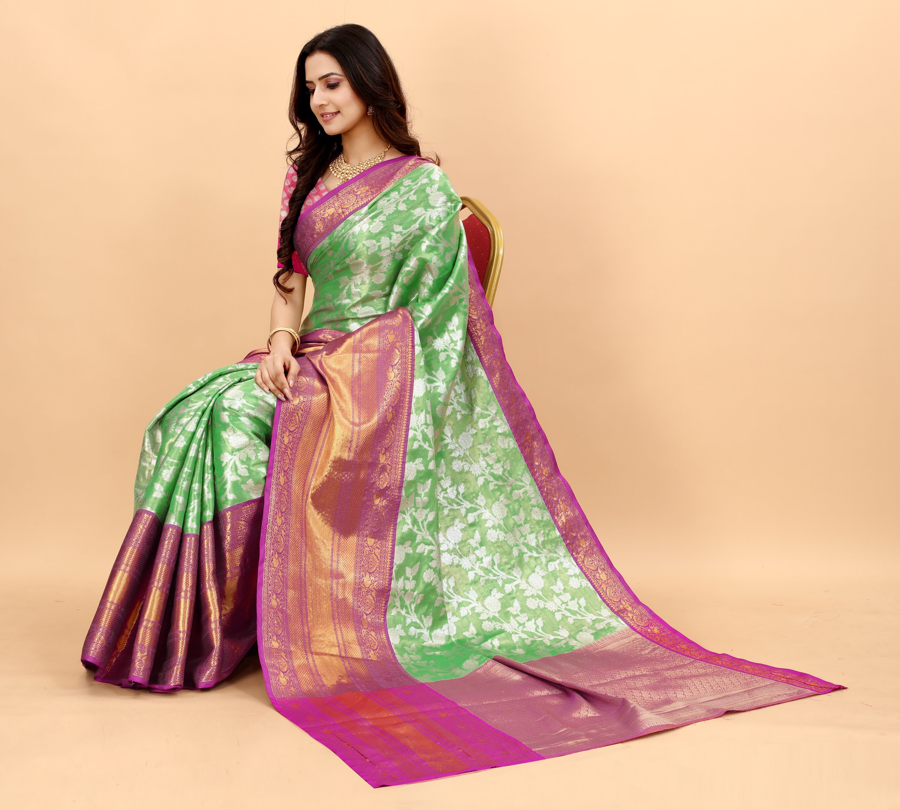 Vsaree Parrot Green Kanjivaram Silk And Zari weaving Saree With Designer Border And Blouse