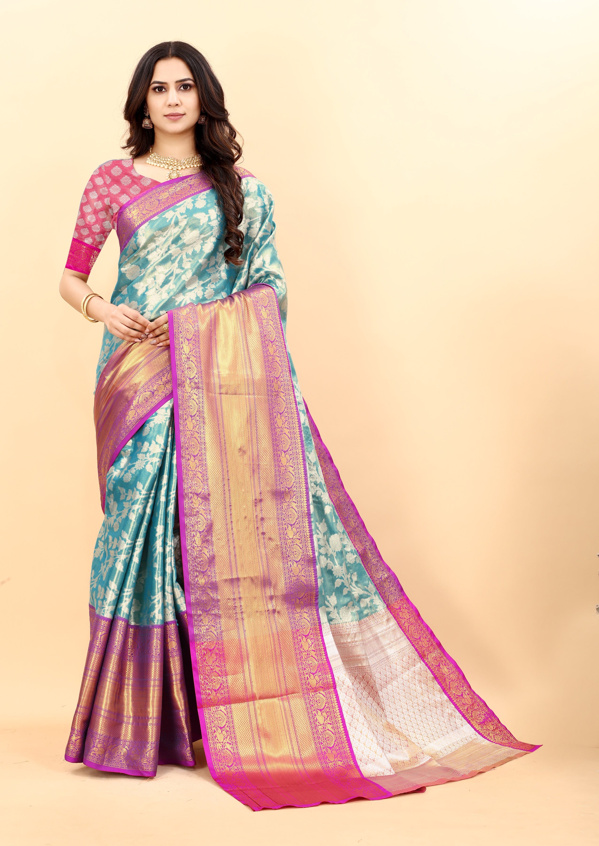 Vsaree Sky Blue Kanjivaram Silk And Zari weaving Saree With Designer Border And Blouse