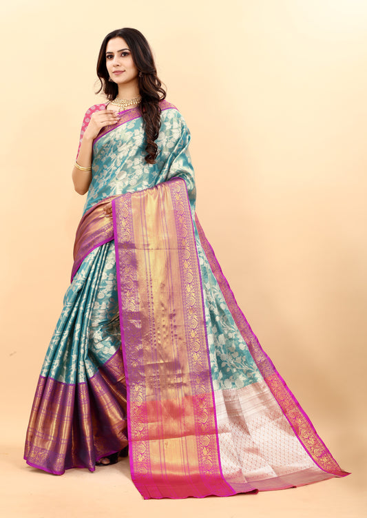 Vsaree Sky Blue Kanjivaram Silk And Zari weaving Saree With Designer Border And Blouse