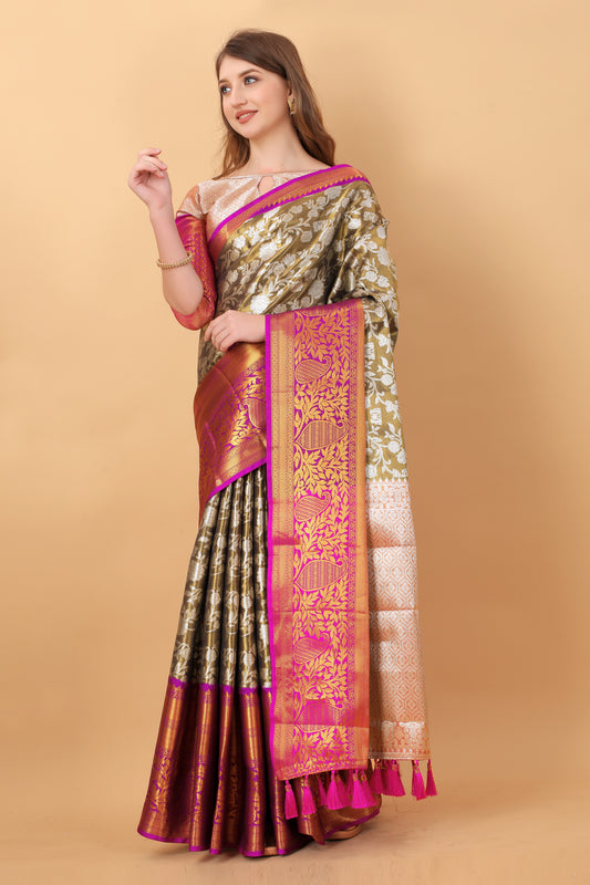 Vsaree Cream Kanjivaram Silk And Zari weaving Saree With Designer Border And Blouse