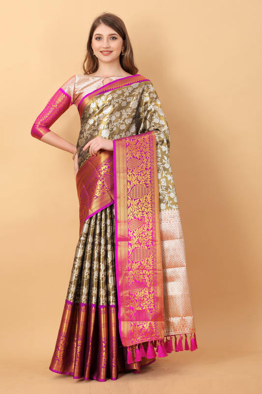 Vsaree Cream Kanjivaram Silk And Zari weaving Saree With Designer Border And Blouse