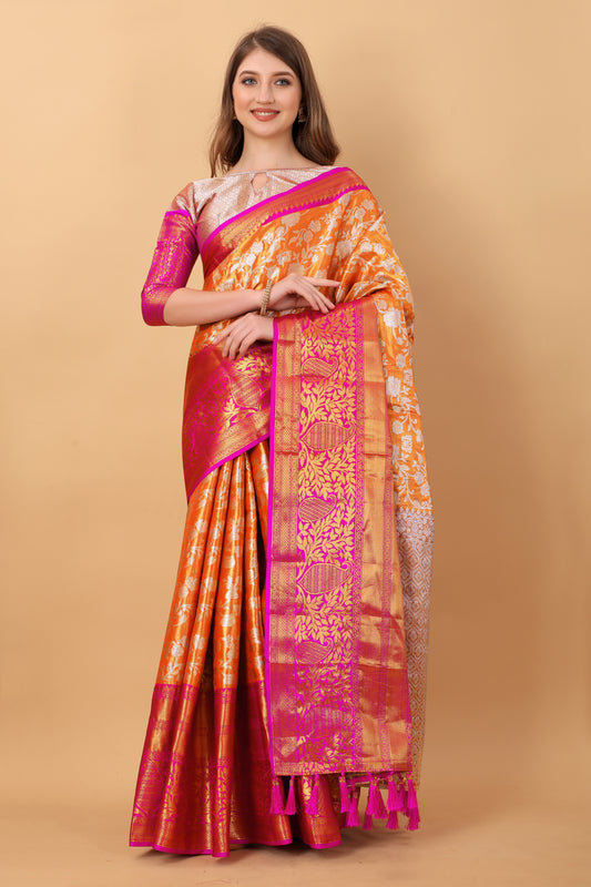 Vsaree Orange Kanjivaram Silk And Zari weaving Saree With Designer Border And Blouse