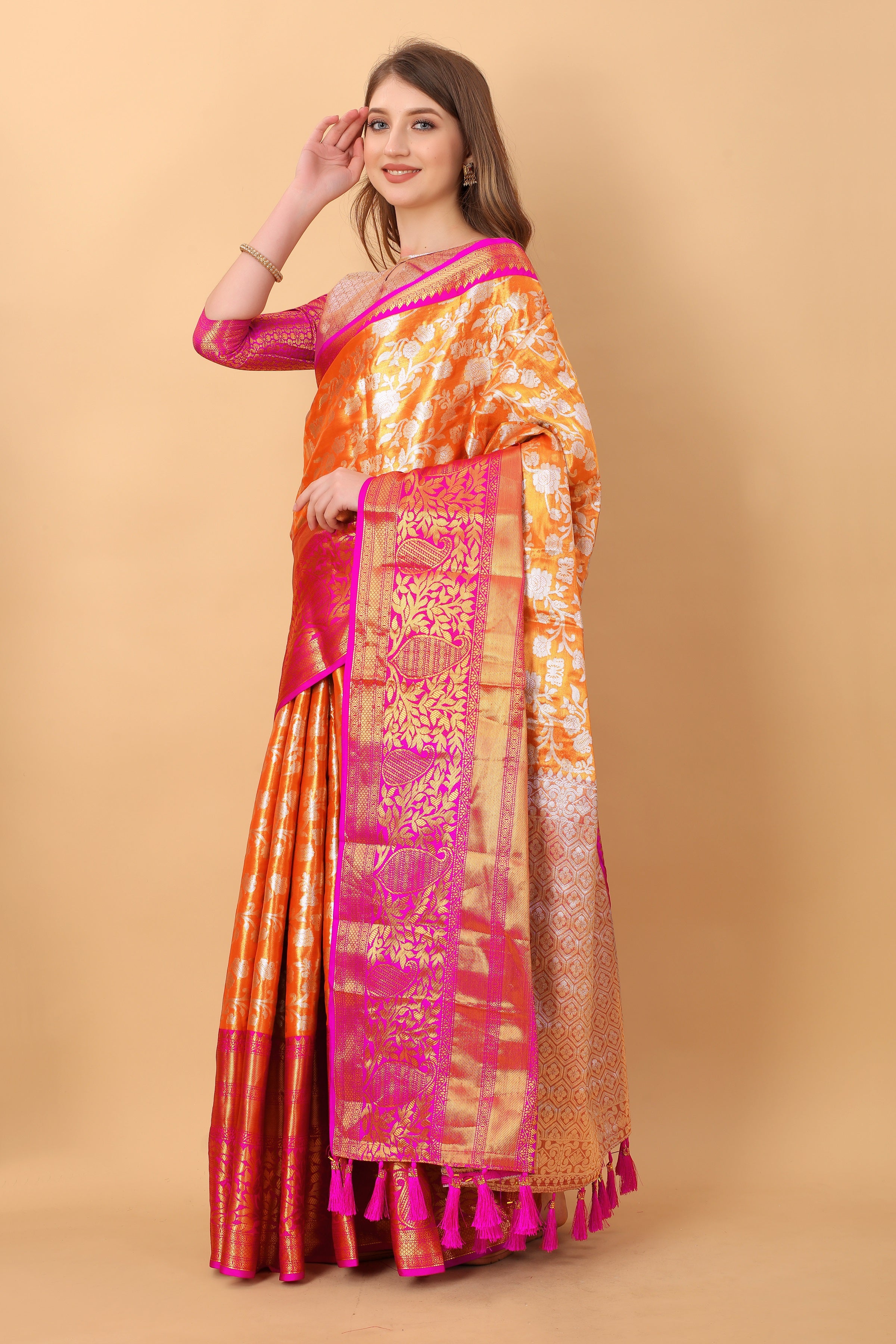 Vsaree Orange Kanjivaram Silk And Zari weaving Saree With Designer Border And Blouse