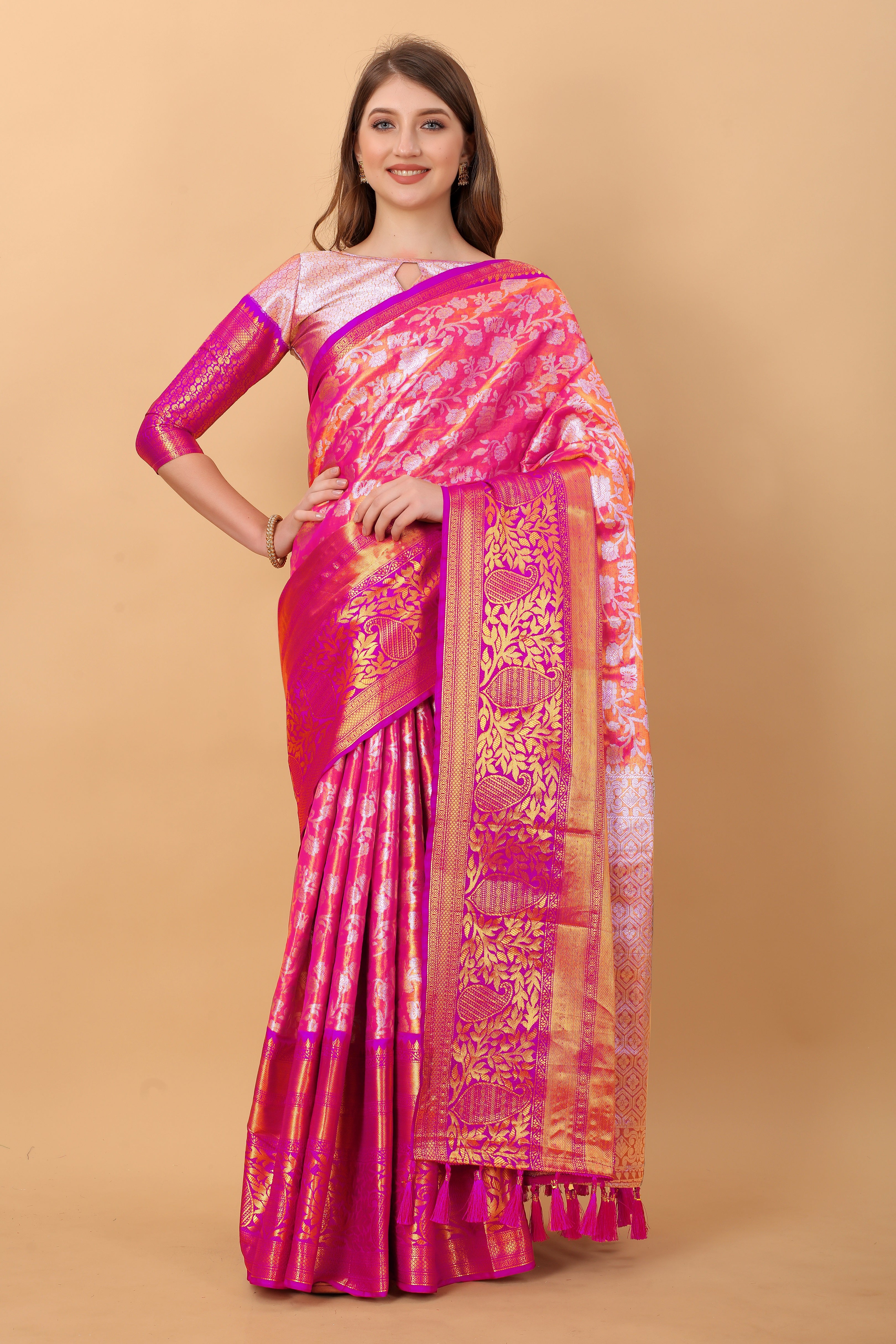 Vsaree Pink Kanjivaram Silk And Zari weaving Saree With Designer Border And Blouse