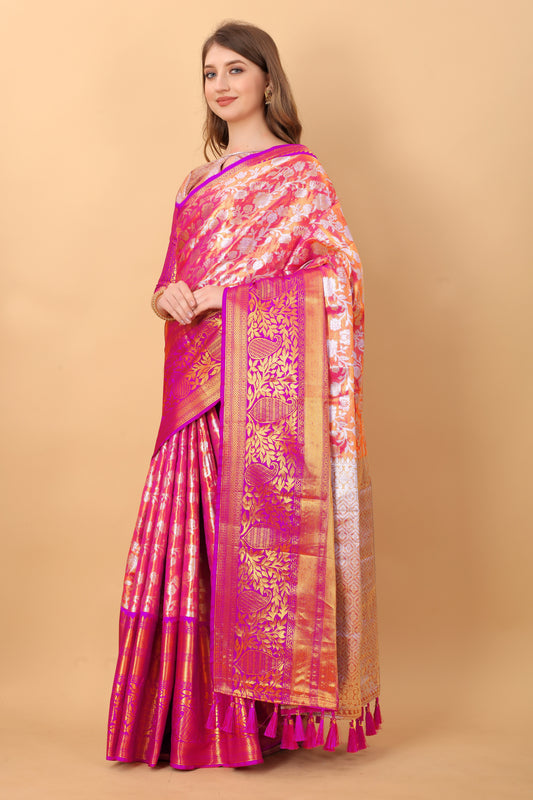 Vsaree Pink Kanjivaram Silk And Zari weaving Saree With Designer Border And Blouse