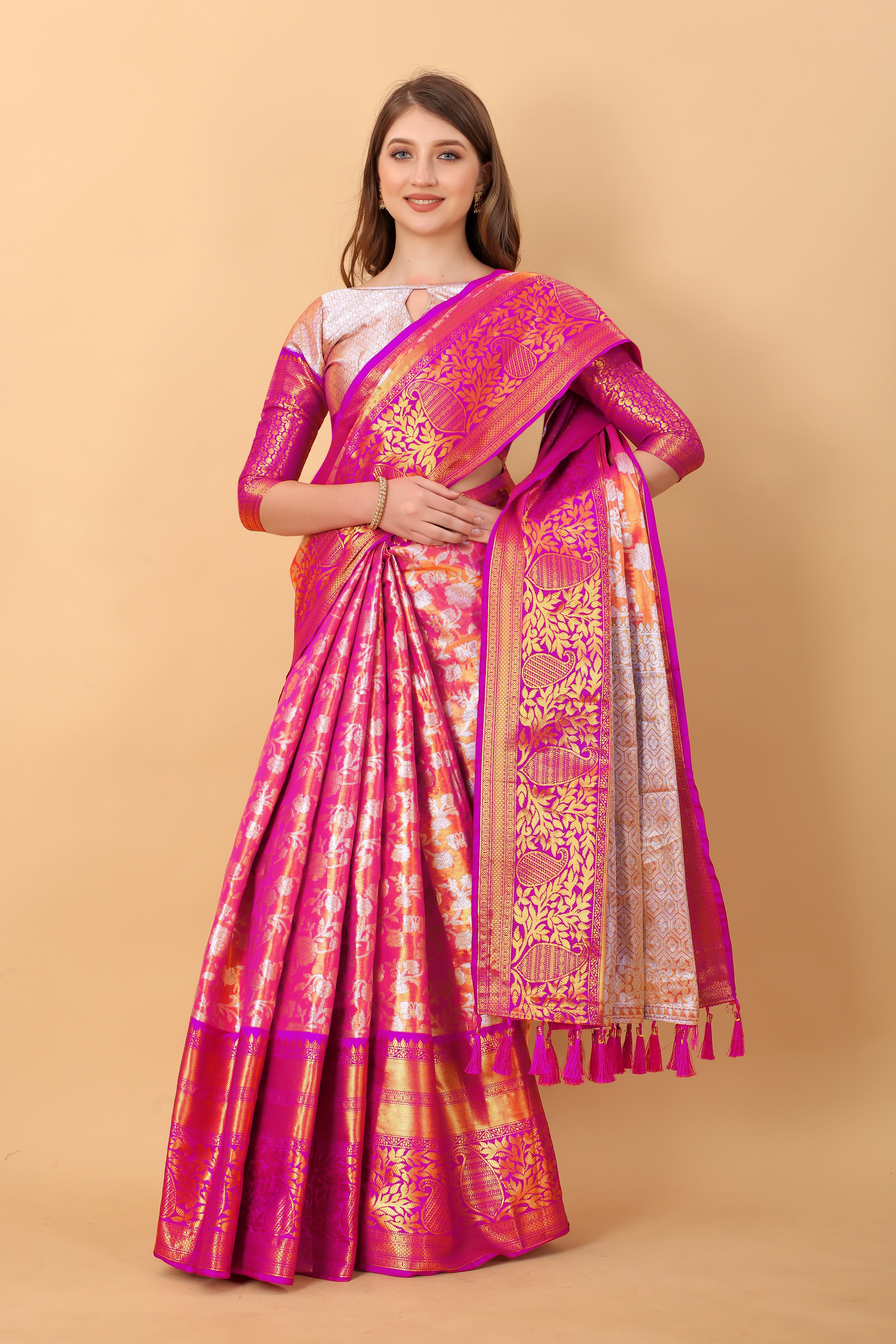 Vsaree Pink Kanjivaram Silk And Zari weaving Saree With Designer Border And Blouse