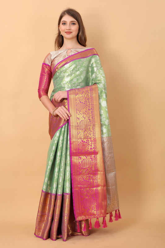 Vsaree Pista Kanjivaram Silk And Zari weaving Saree With Designer Border And Blouse