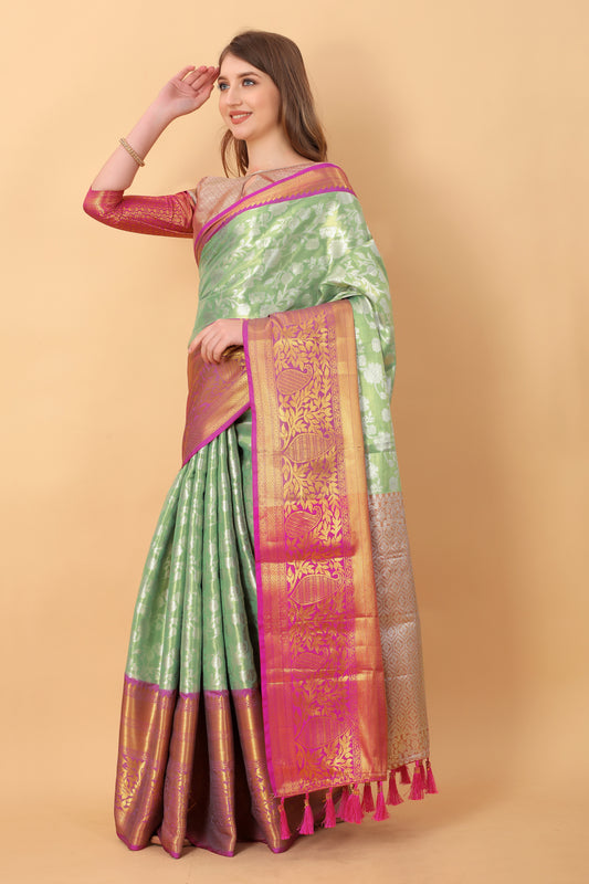 Vsaree Pista Kanjivaram Silk And Zari weaving Saree With Designer Border And Blouse