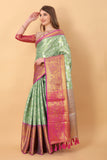 Vsaree Pista Kanjivaram Silk And Zari weaving Saree With Designer Border And Blouse