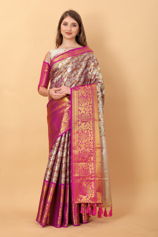 Vsaree Wine Kanjivaram Silk And Zari weaving Saree With Designer Border And Blouse