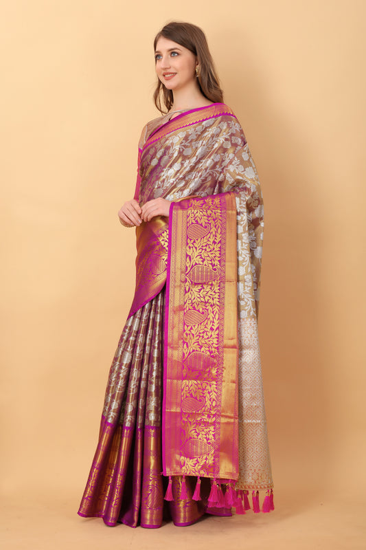 Vsaree Wine Kanjivaram Silk And Zari weaving Saree With Designer Border And Blouse