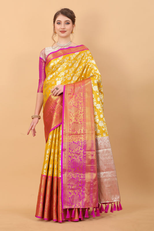 Vsaree Yellow  Kanjivaram Silk And Zari weaving Saree With Designer Border And Blouse