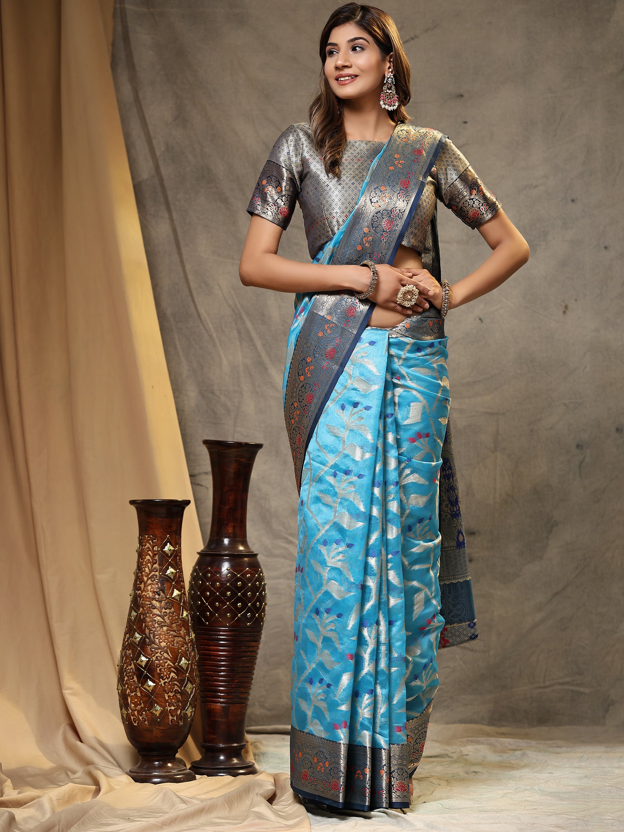 Vsaree Sky Blue Designer Organza Silk Saree With Heavy Rich Pallu And Blouse