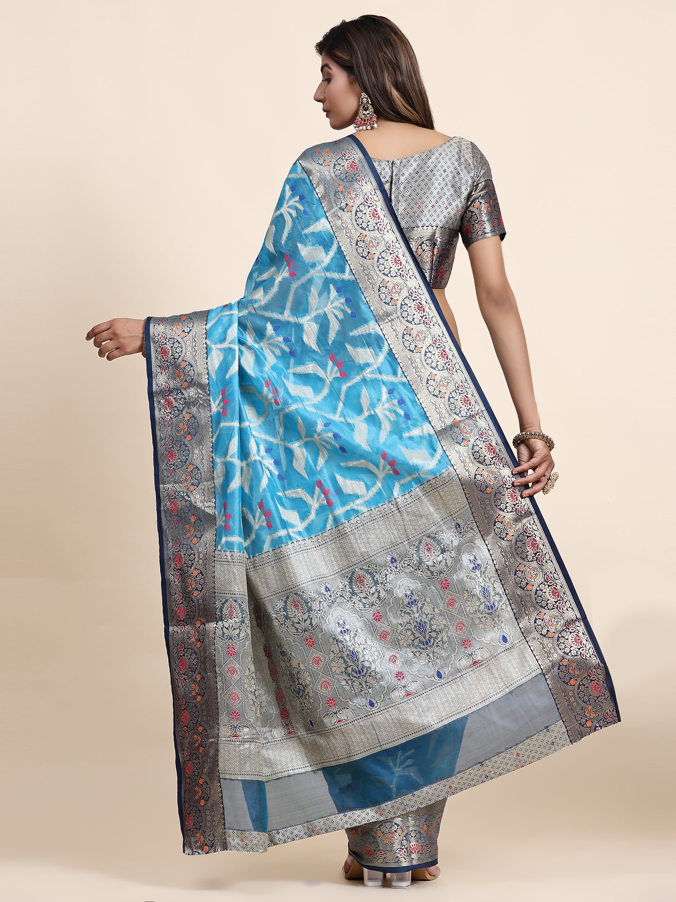 Vsaree Sky Blue Designer Organza Silk Saree With Heavy Rich Pallu And Blouse