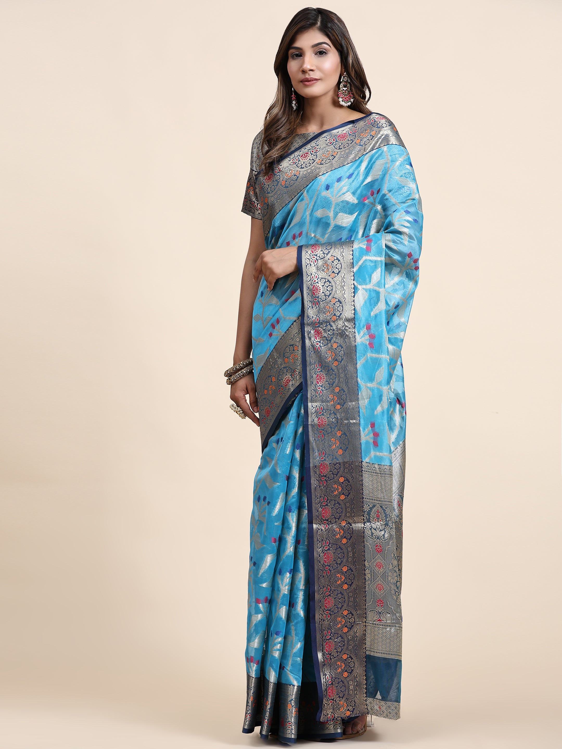 Vsaree Sky Blue Designer Organza Silk Saree With Heavy Rich Pallu And Blouse