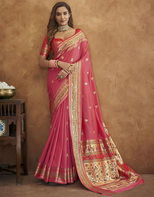 Vsaree Light Pink Paithani Silk Flower Border And Zari Weaving Rich Pallu With Blouse