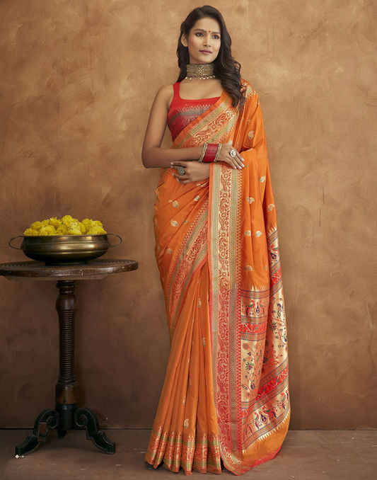 Vsaree Orange Paithani Silk Flower Border And Zari Weaving Rich Pallu With Blouse